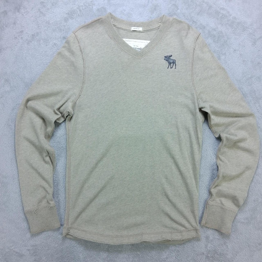 Abercrombie & Fitch Mens Large Muscle Fit V-Neck Sweater Beige Moose Logo